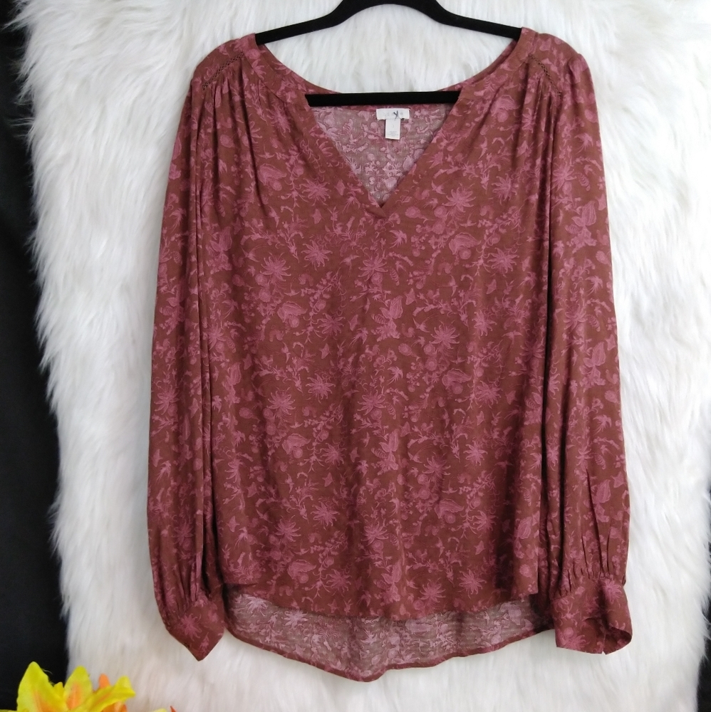 Hinge Brown and Pink Floral Pattern V Neck Long Sleeve Blouse Size 1